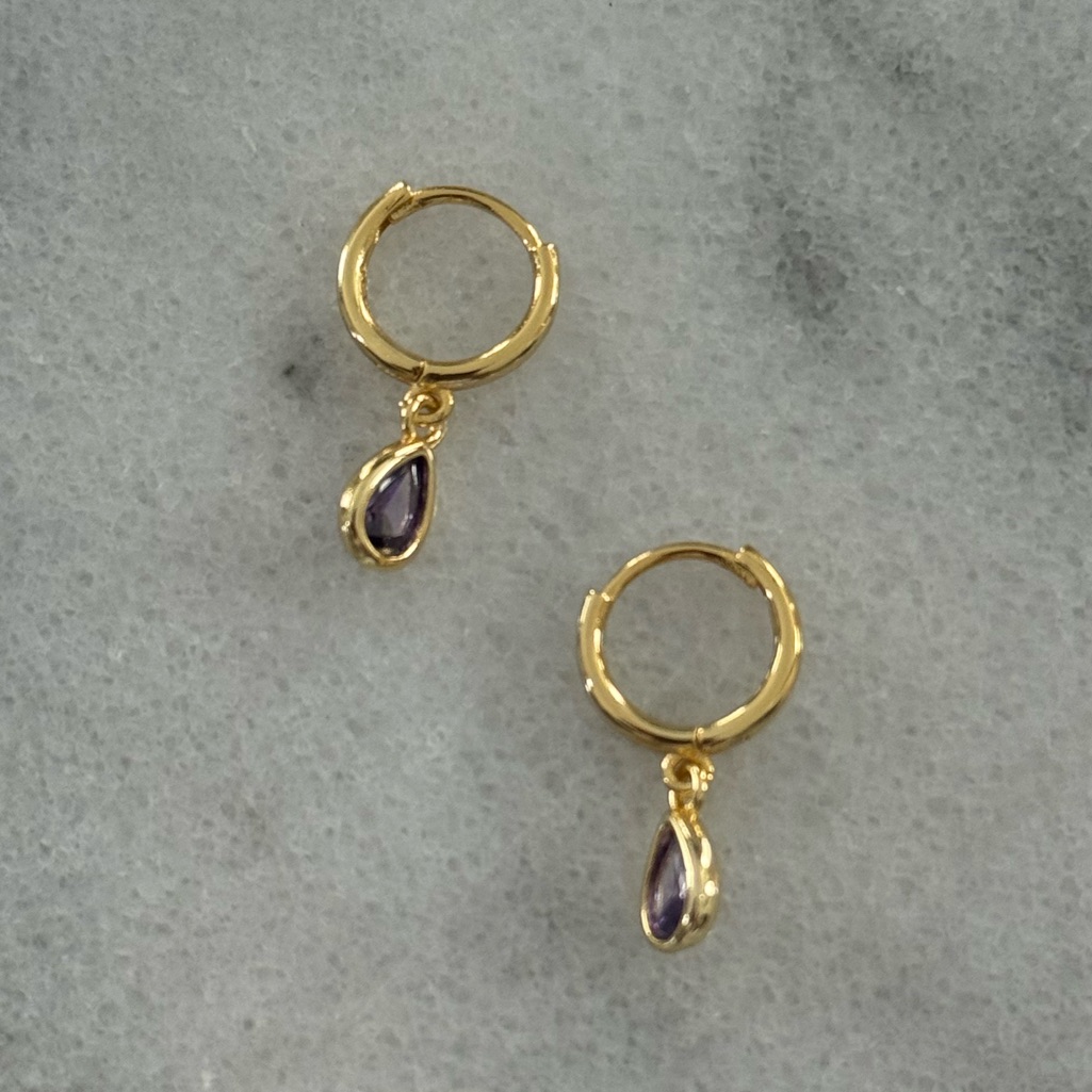 Gold Purple Crystal Tear Drop Huggie Hoop Earrings Brand New